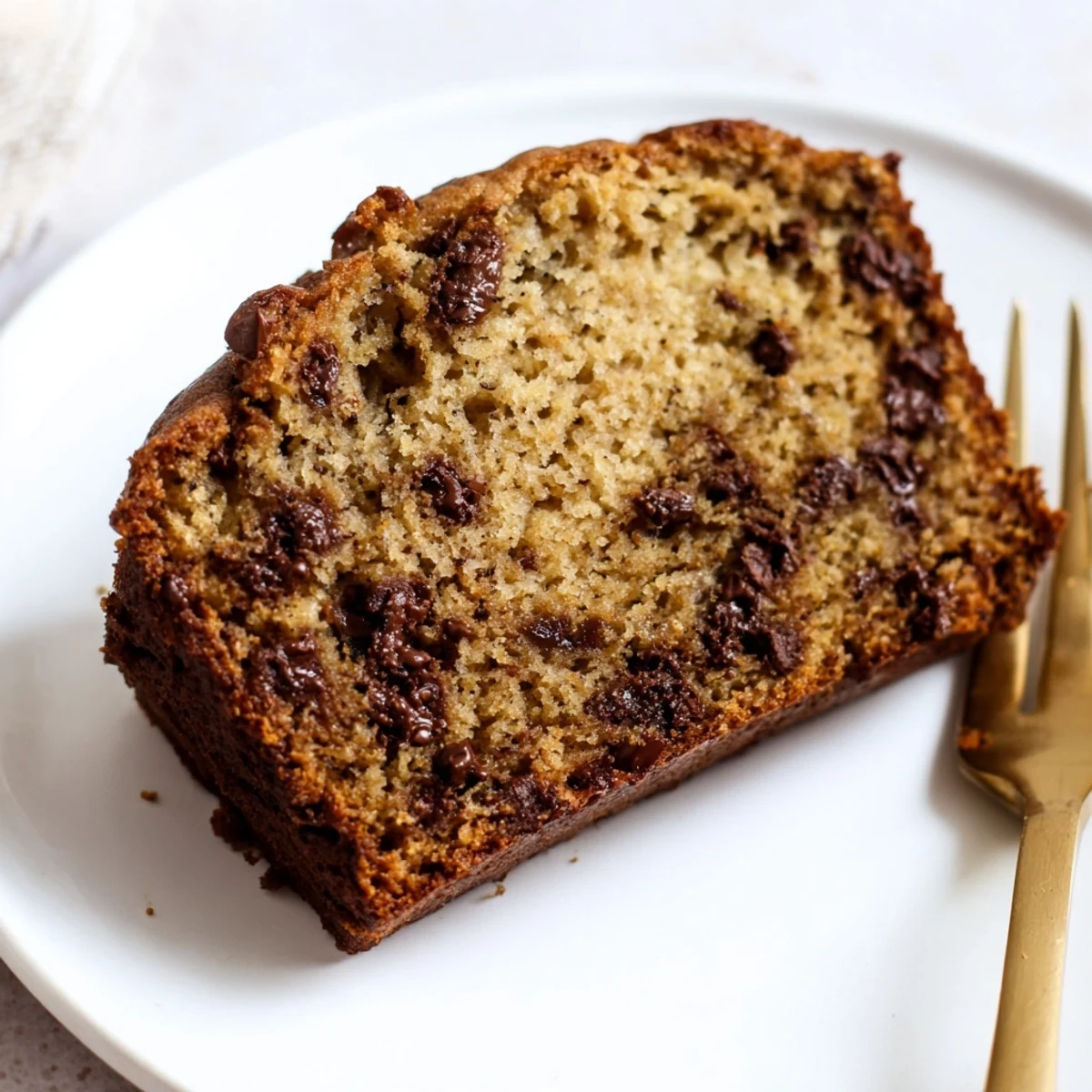Warm chocolate chip banana bread cooling on wire rack, with gooey chocolate visible in every tender bite