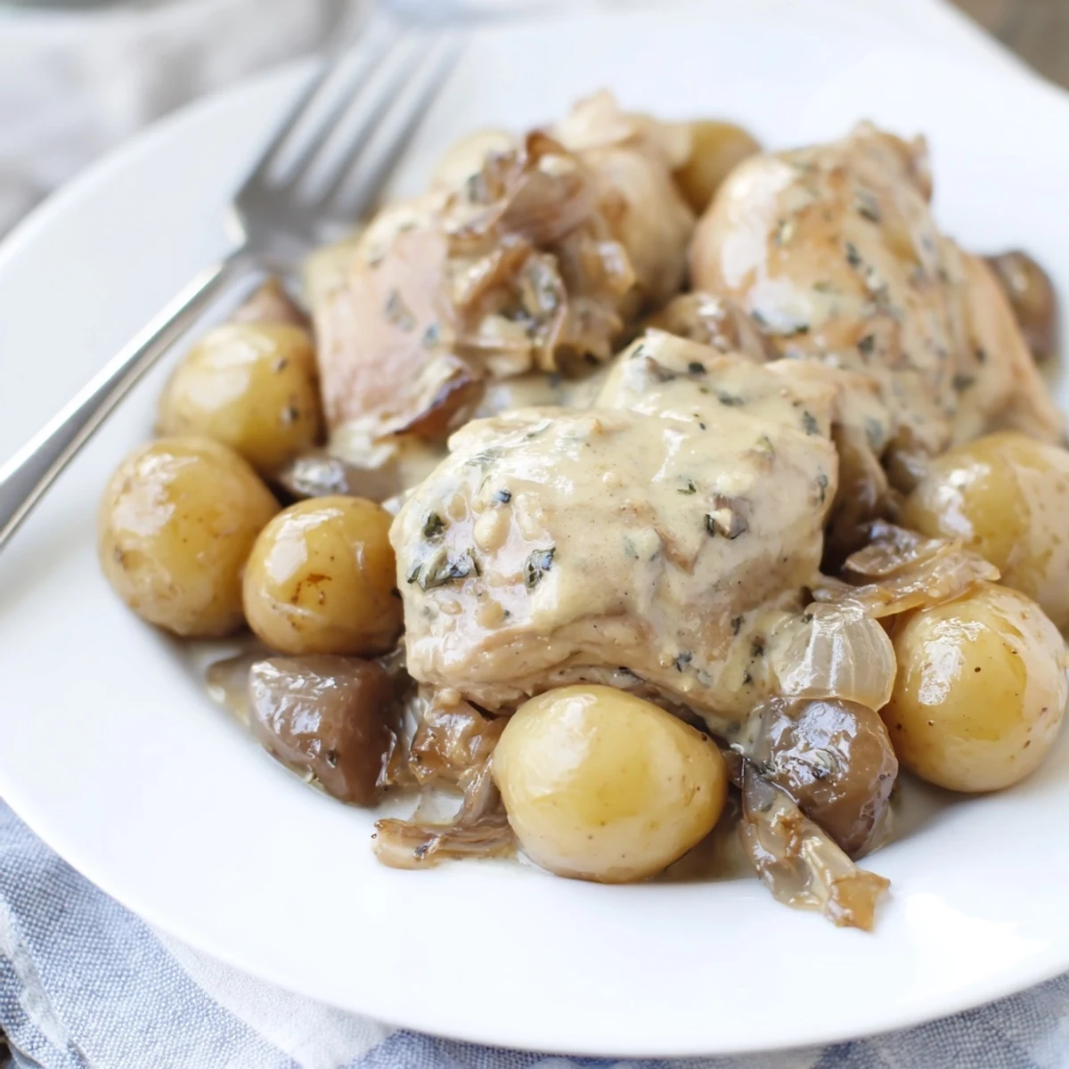 Golden Slow Cooker Garlic Parmesan Chicken with tender baby potatoes in a creamy sauce