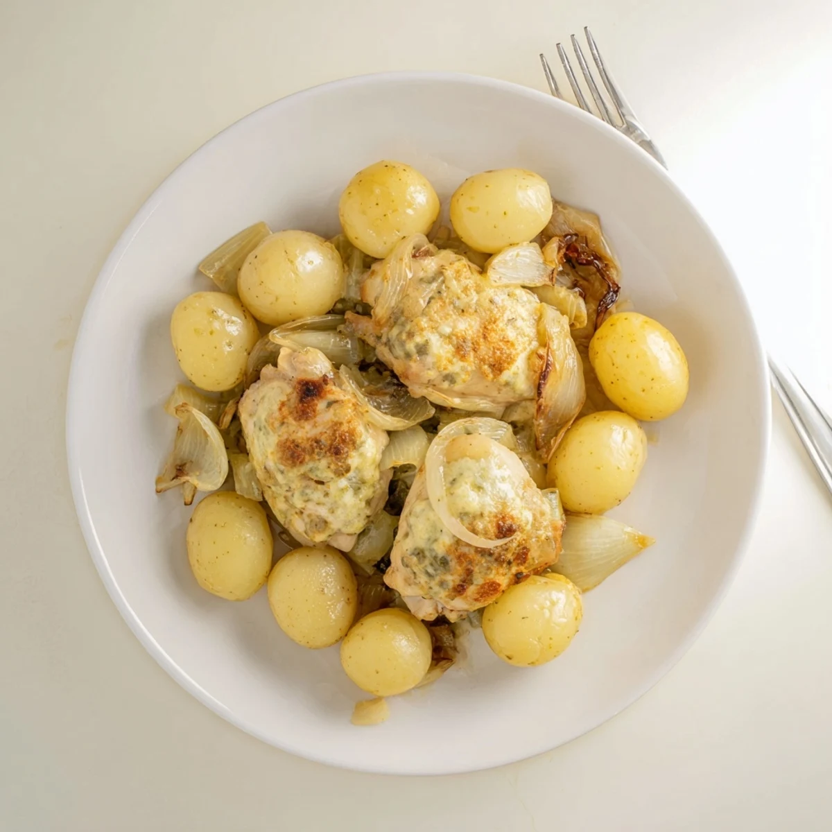 Comforting one-pot meal of seasoned chicken breasts nestled alongside roasted potatoes and savory herbs