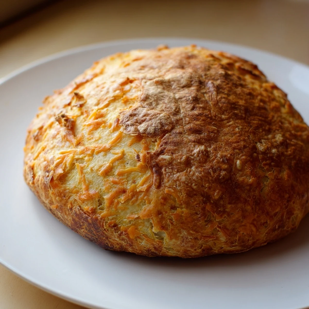 Golden no knead cheddar bread loaf with crisp crust and melted cheese visible inside