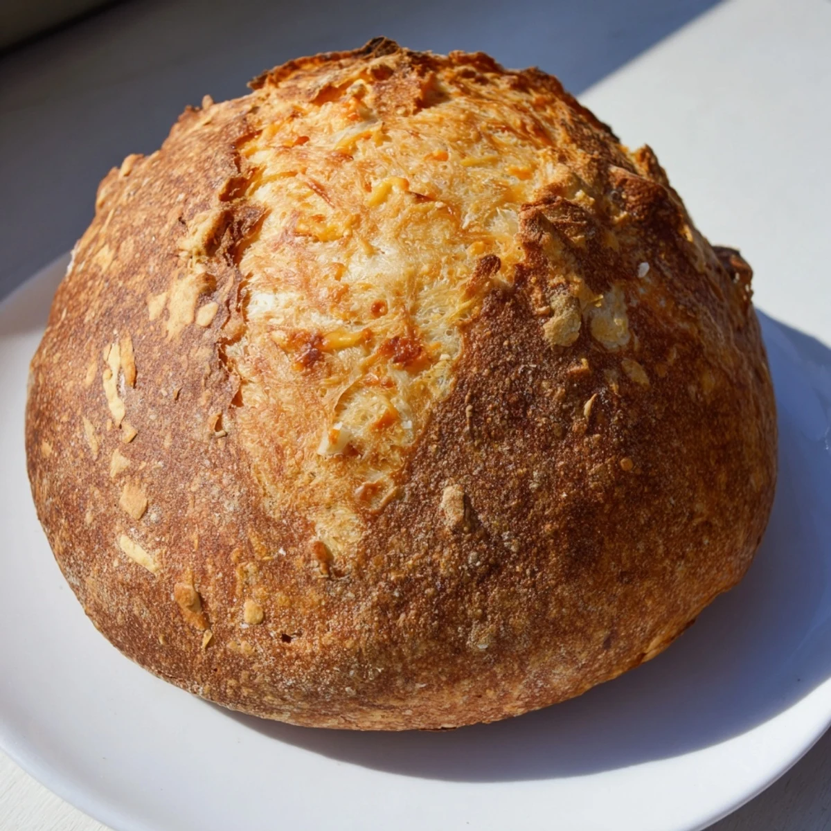 Rustic homemade no knead cheddar bread sliced on wooden board showing tender cheesy crumb