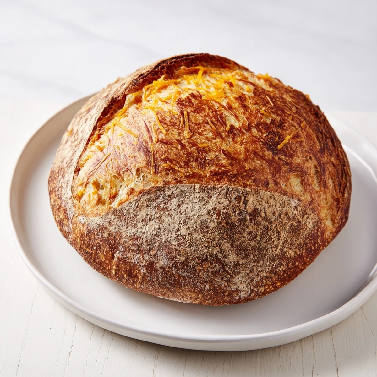 Freshly baked no knead cheddar bread with deep golden crust and pockets of sharp cheddar