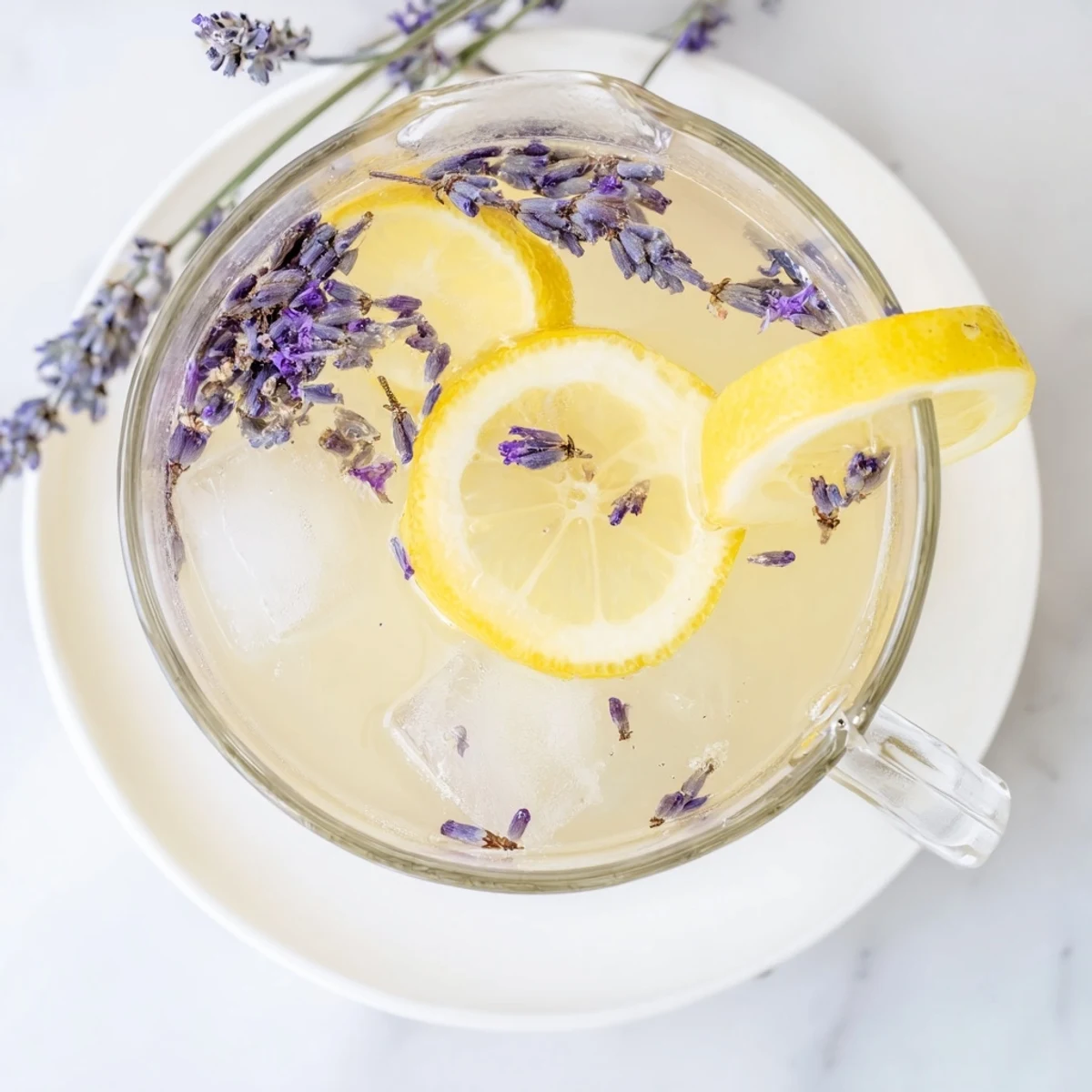 Glass pitcher of lavender lemonade garnished with fresh lemon slices and purple sprigs