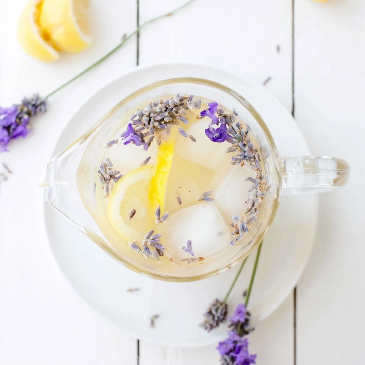 Refreshing lavender lemonade served over ice in a mason jar on wooden table
