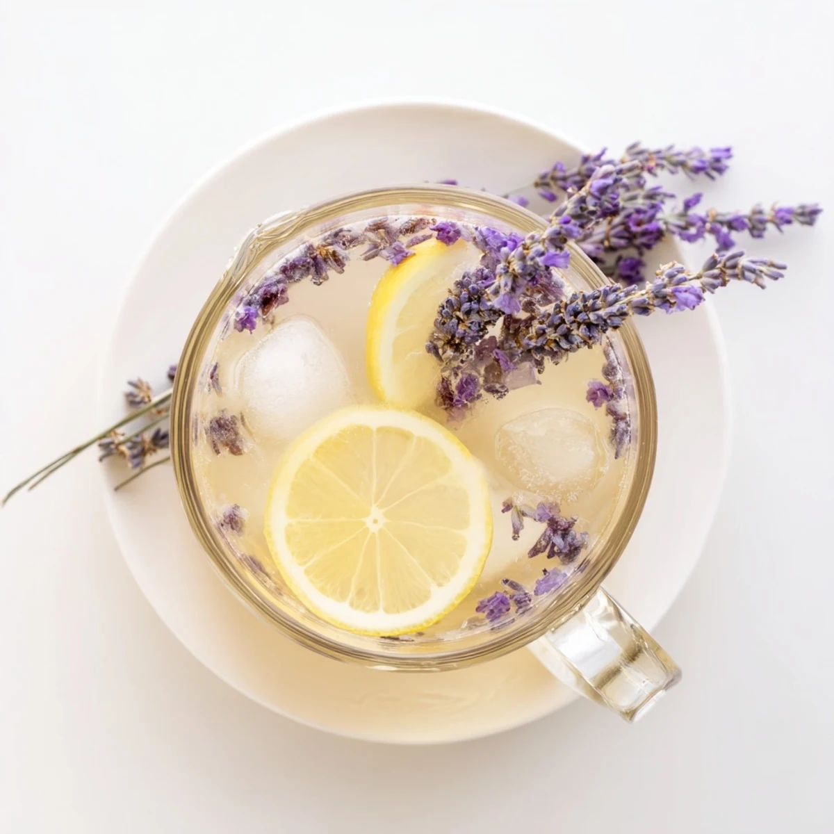 Pale pink lavender lemonade in crystal glasses with floating lavender flowers and ice cubes