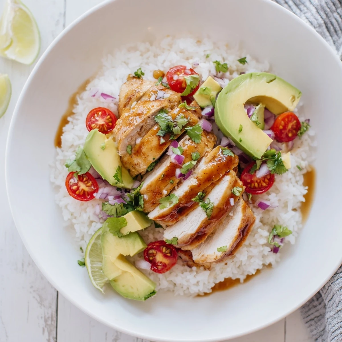 Golden honey lime chicken slices stacked over creamy avocado layers and fluffy white rice