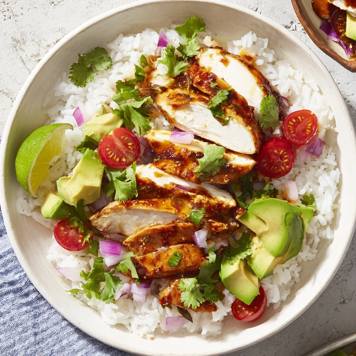 Vibrant layered bowl featuring tender glazed chicken, fresh avocado, and jasmine rice garnished with cilantro