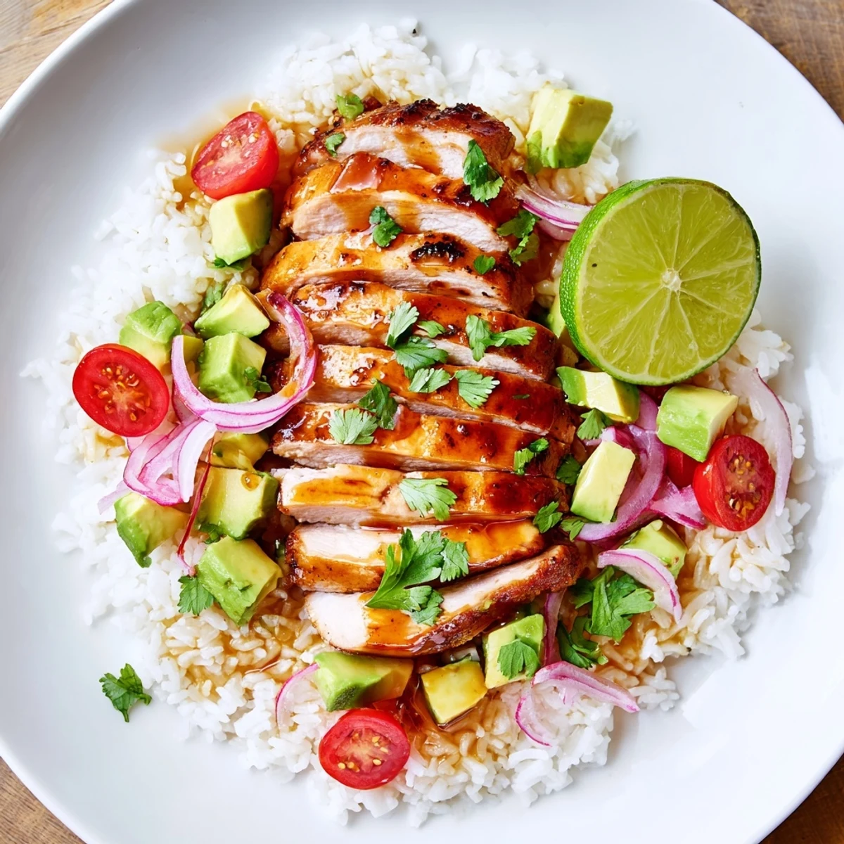 Delicious honey lime chicken avocado rice stack topped with red onion and juicy cherry tomatoes