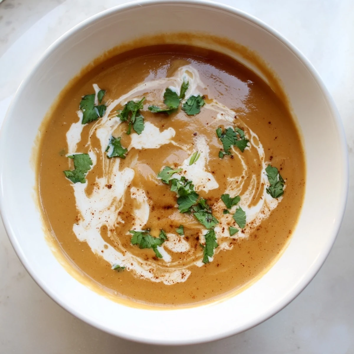 Creamy spicy apple soup garnished with fresh herbs and coconut cream swirl