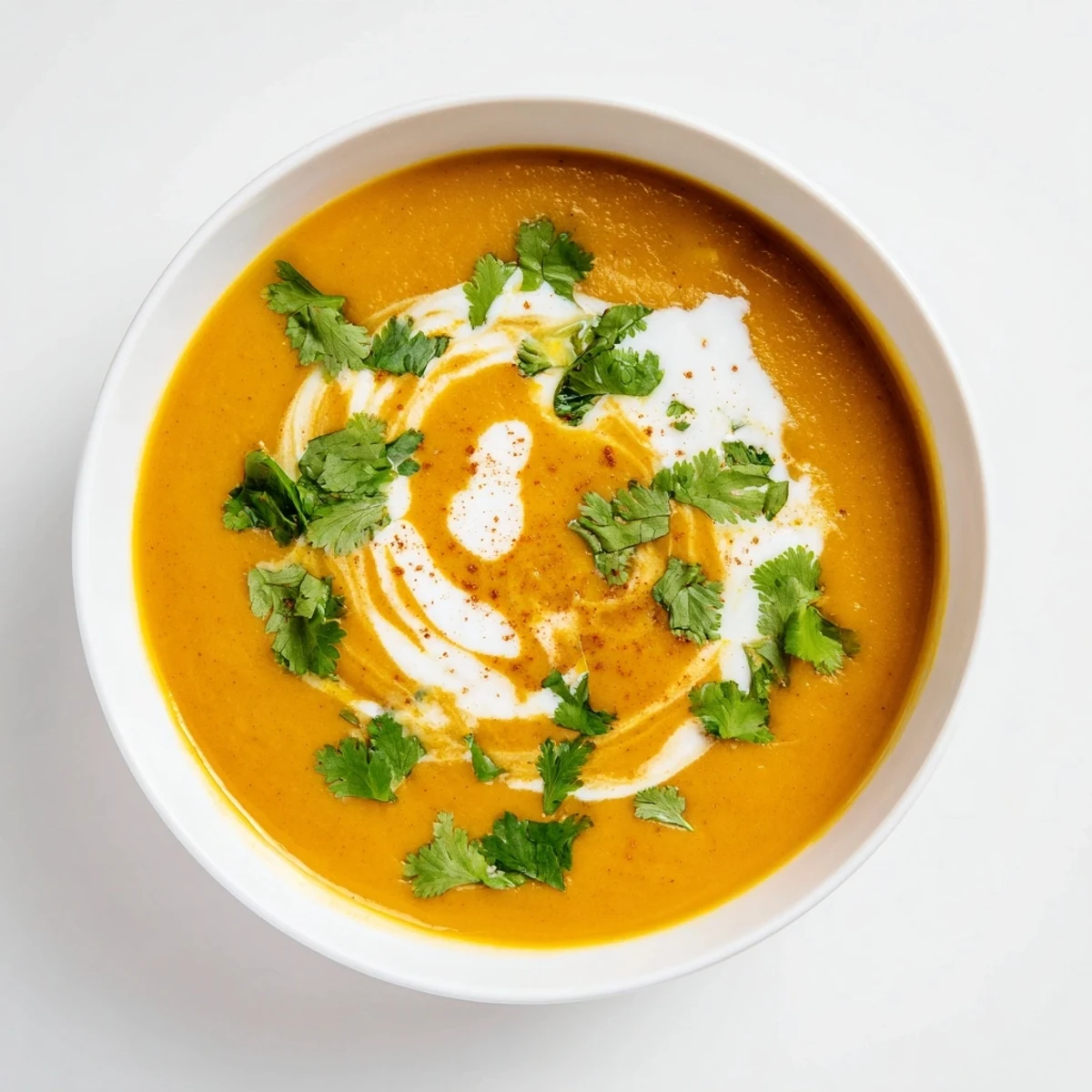 Smooth pureed spicy apple soup with cinnamon and chili in white bowl