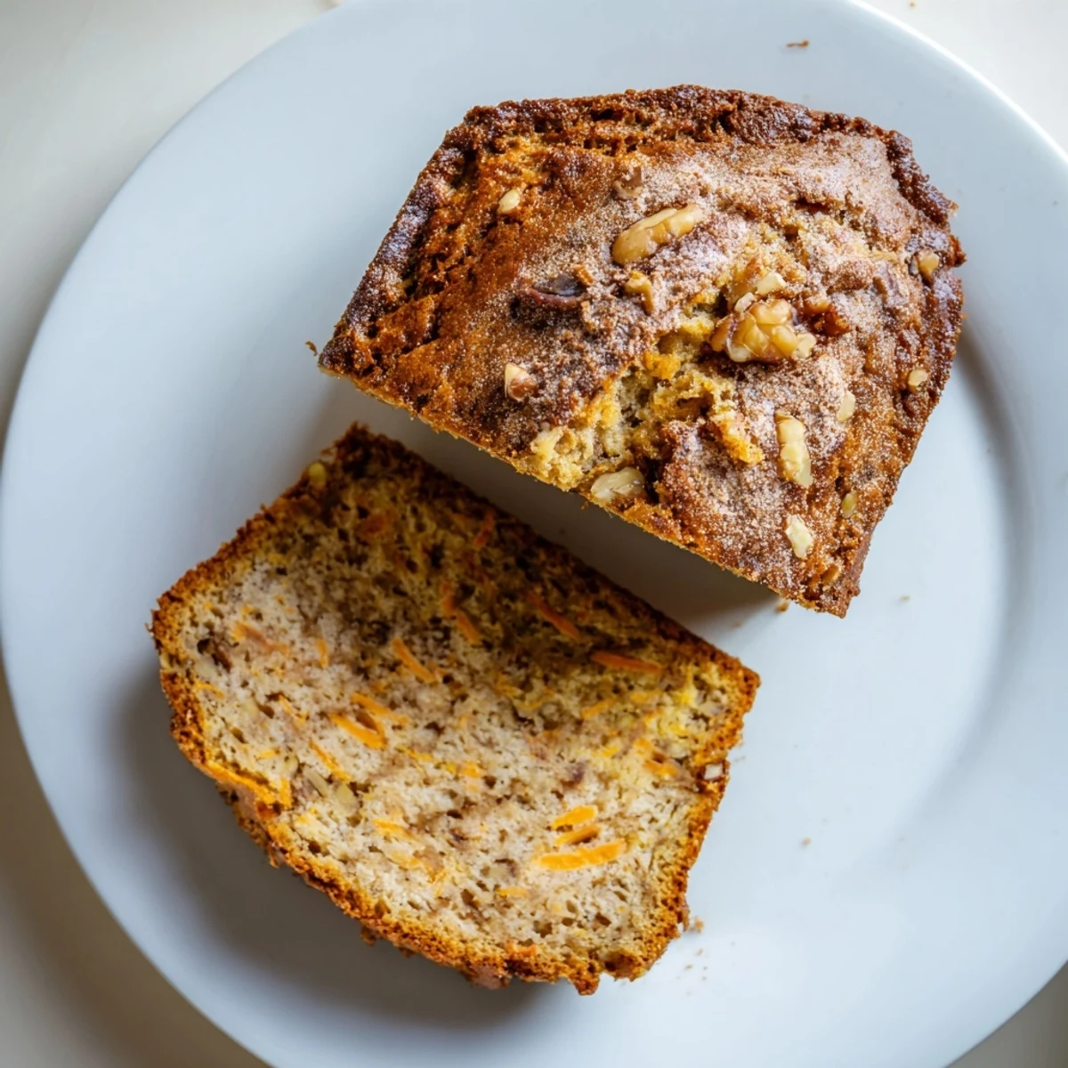 Thick slice of moist carrot cake banana bread topped with chopped walnuts on a wooden cutting board