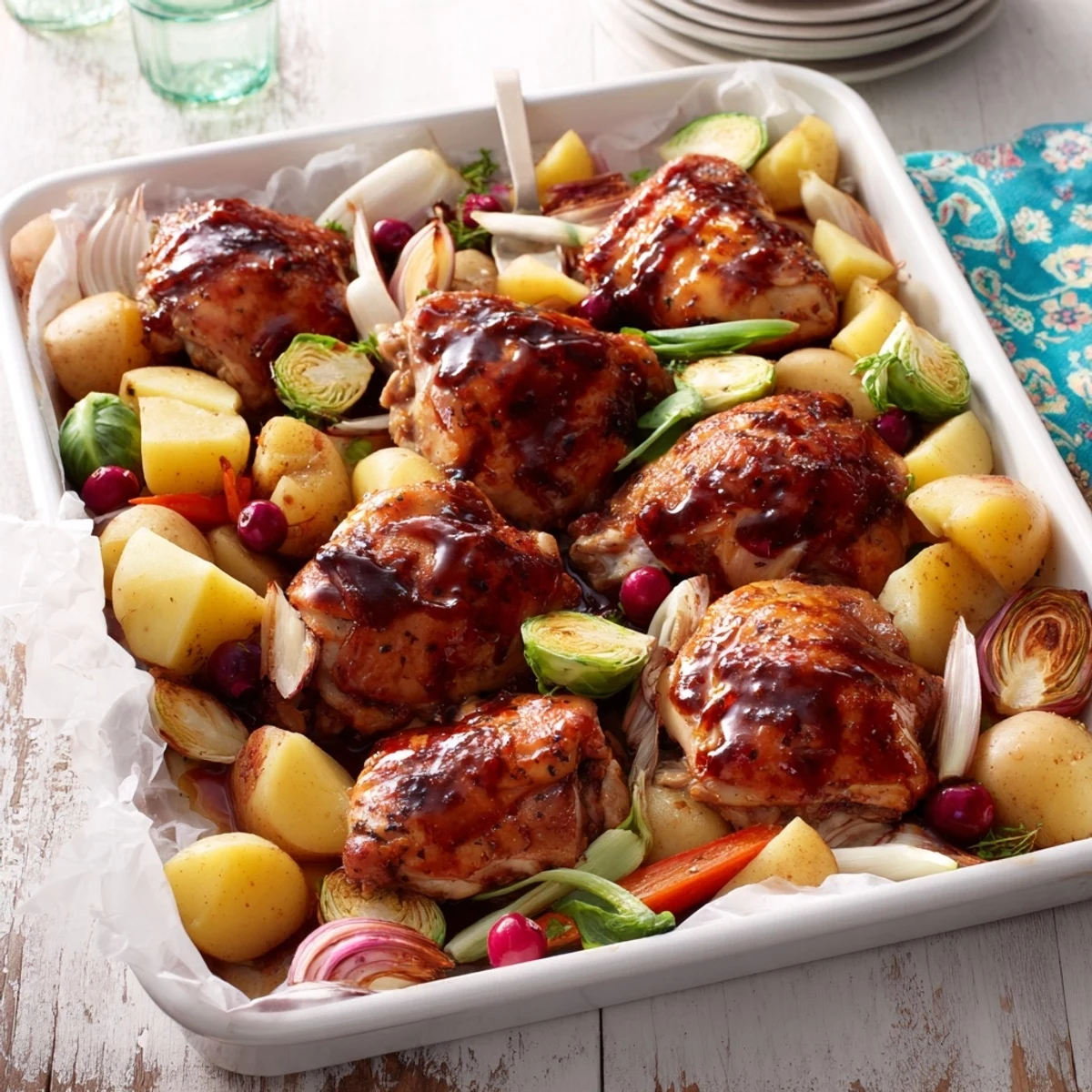 Golden glazed chicken breasts with roasted Brussels sprouts, baby potatoes, and sweet honey cranberry coating on a single baking sheet
