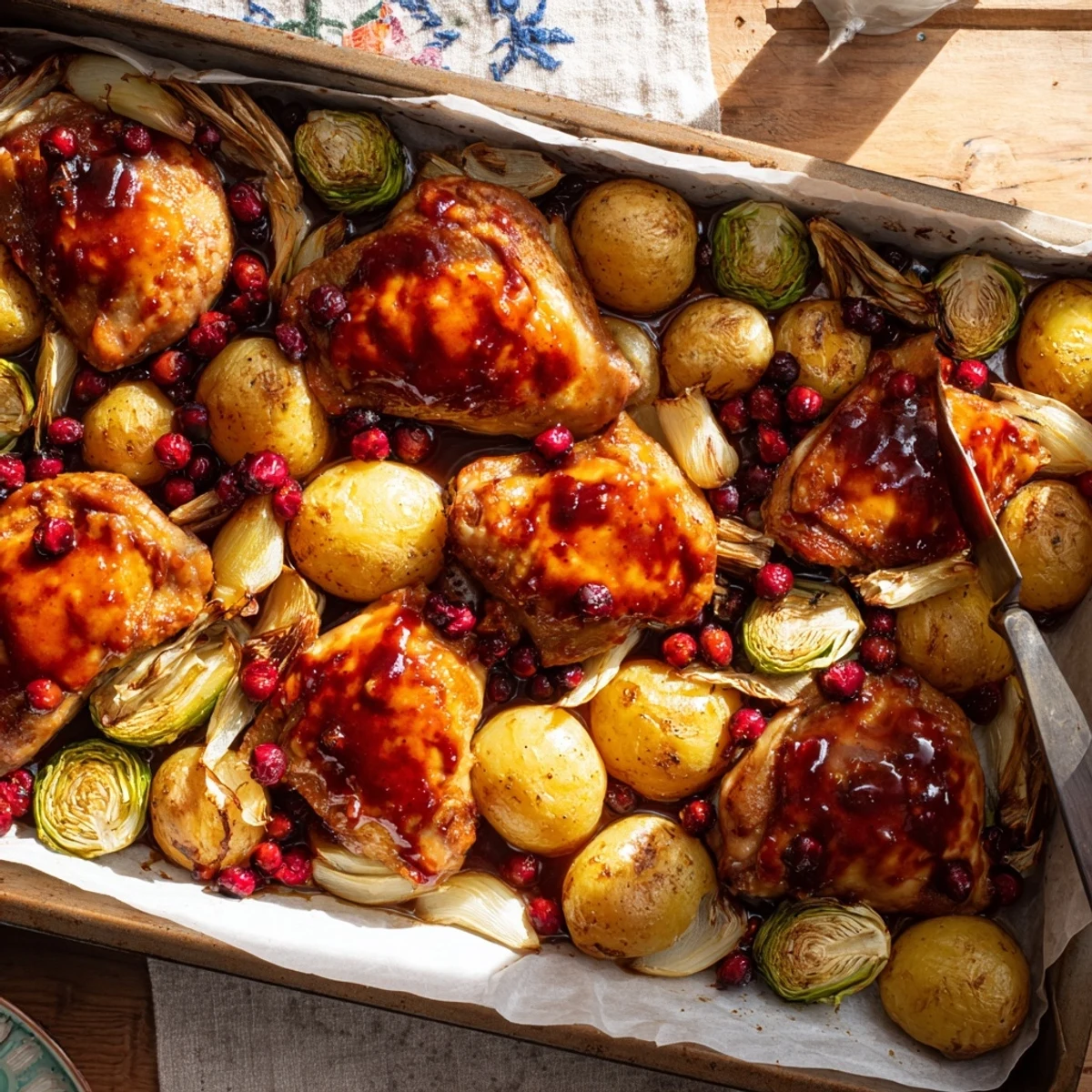 Oven-roasted one pan chicken featuring sticky honey cranberry glaze served with caramelized seasonal veggies and thyme garnish