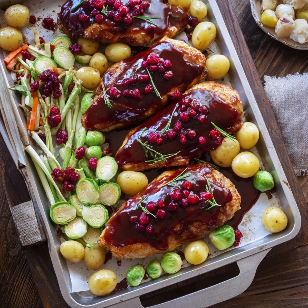Juicy honey cranberry chicken dinner nestled alongside tender colorful vegetables for an easy gluten-free weeknight meal