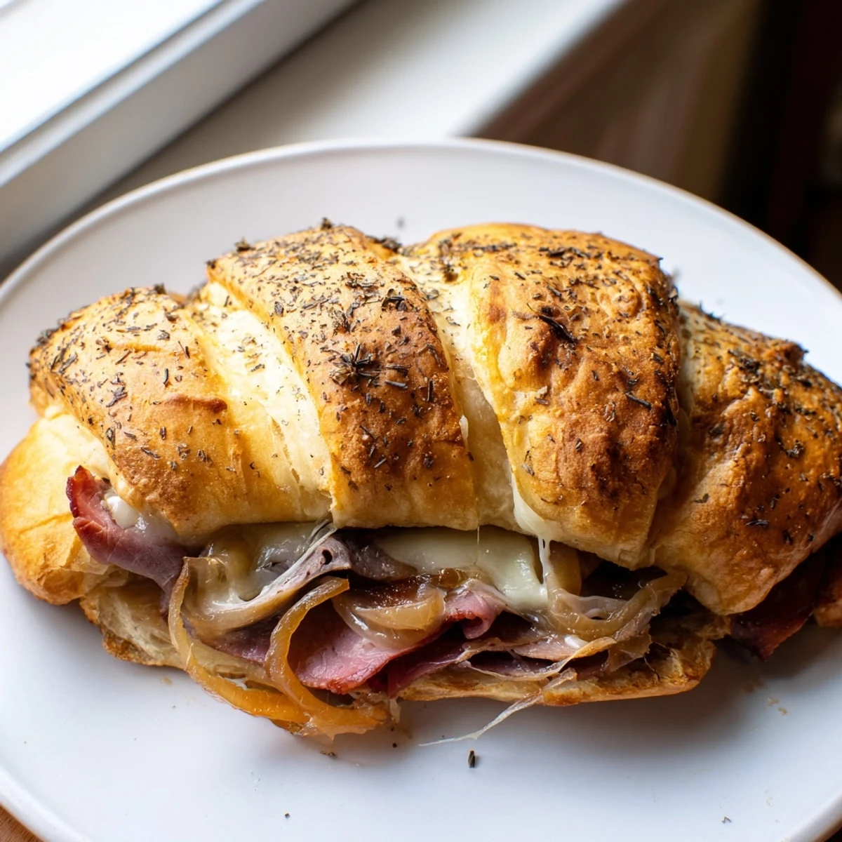 Crispy Beef and Cheese French Dip Roll Ups with melted provolone oozing from flaky crescent dough pastry