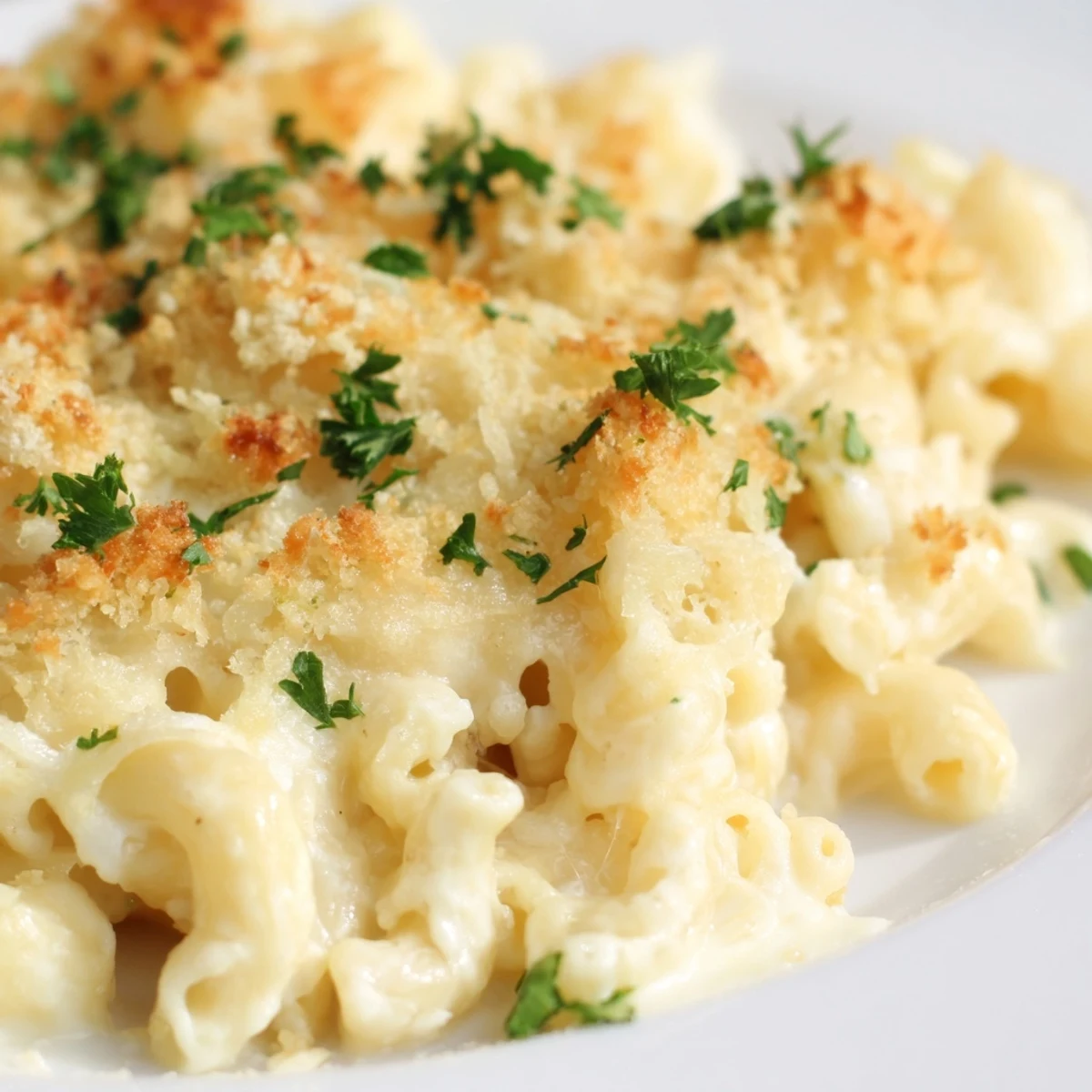 Golden three cheese baked macaroni with crispy panko topping served steaming hot