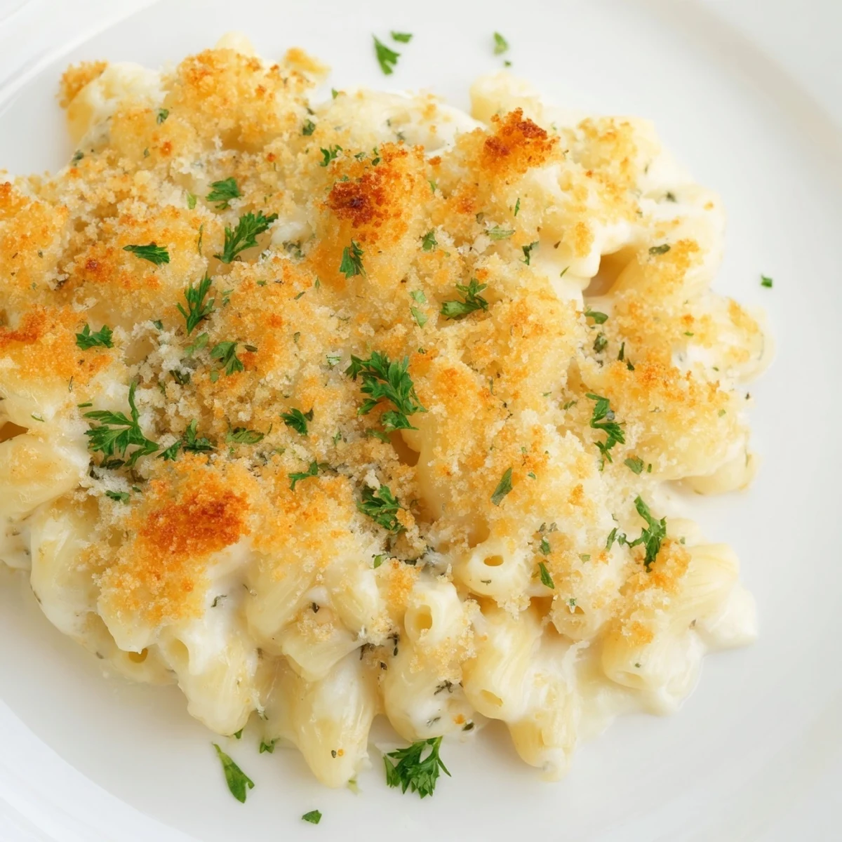 Creamy three cheese baked macaroni bubbling in cast iron with melted mozzarella