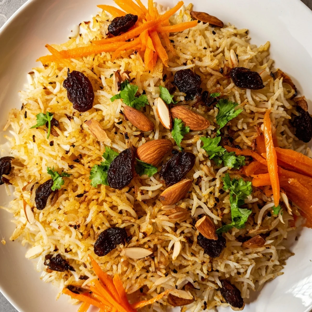 Golden Afghan rice topped with caramelized carrots, plump raisins, and toasted almond slices