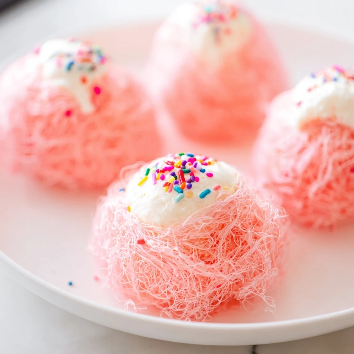 Creamy mini cotton candy cheesecake puff balls topped with colorful rainbow sprinkles