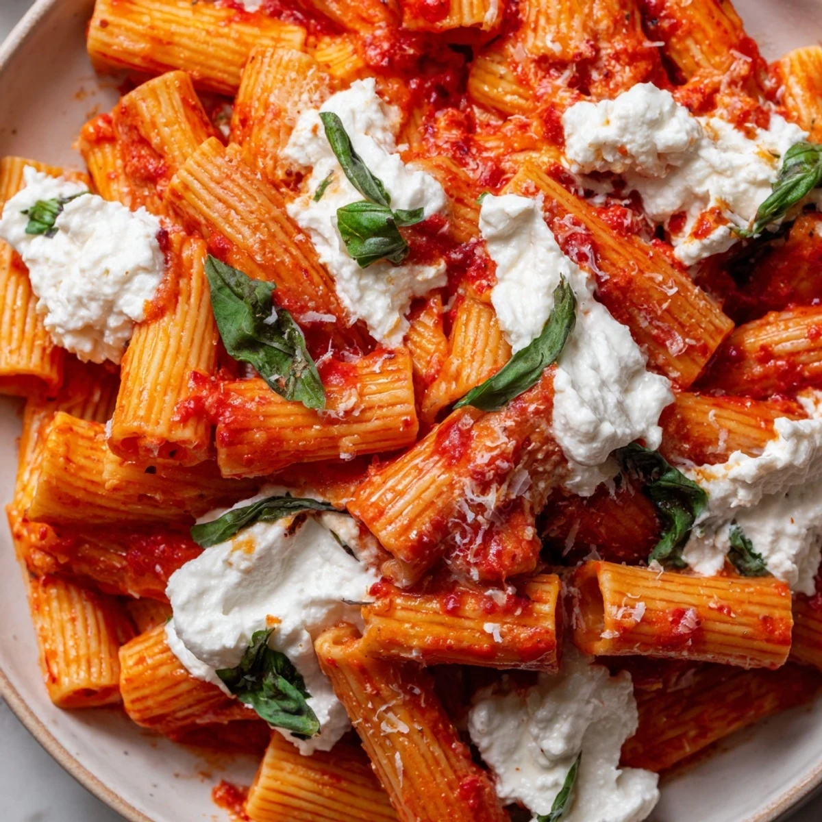 Creamy tomato garlic ricotta penne topped with fresh basil leaves on a white plate