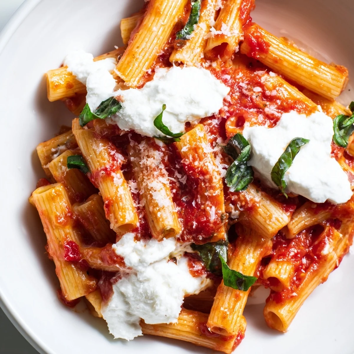 Tender penne pasta coated in rich tomato garlic sauce with creamy ricotta swirls