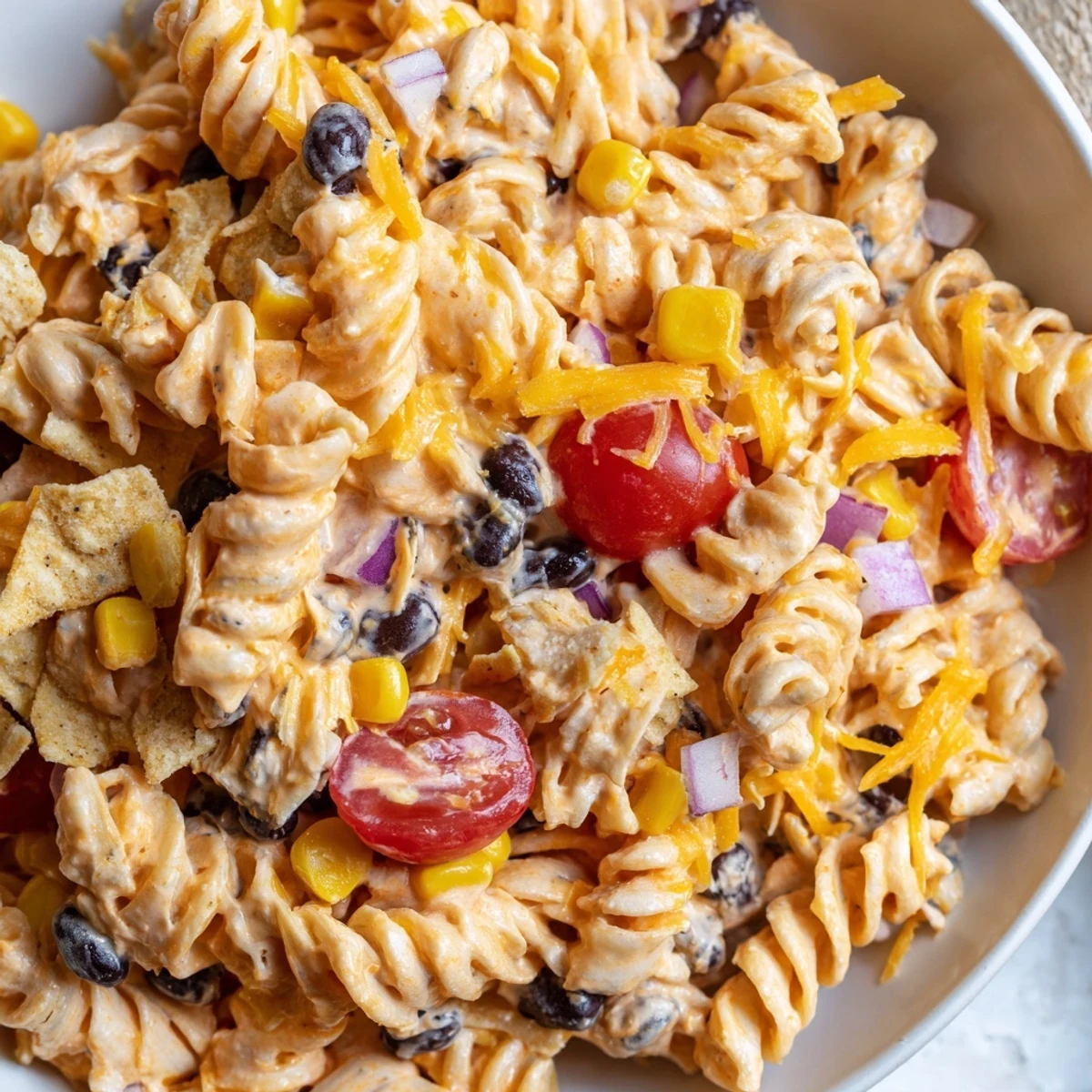 Colorful taco pasta salad in a large serving bowl with tomatoes, corn, and cheese