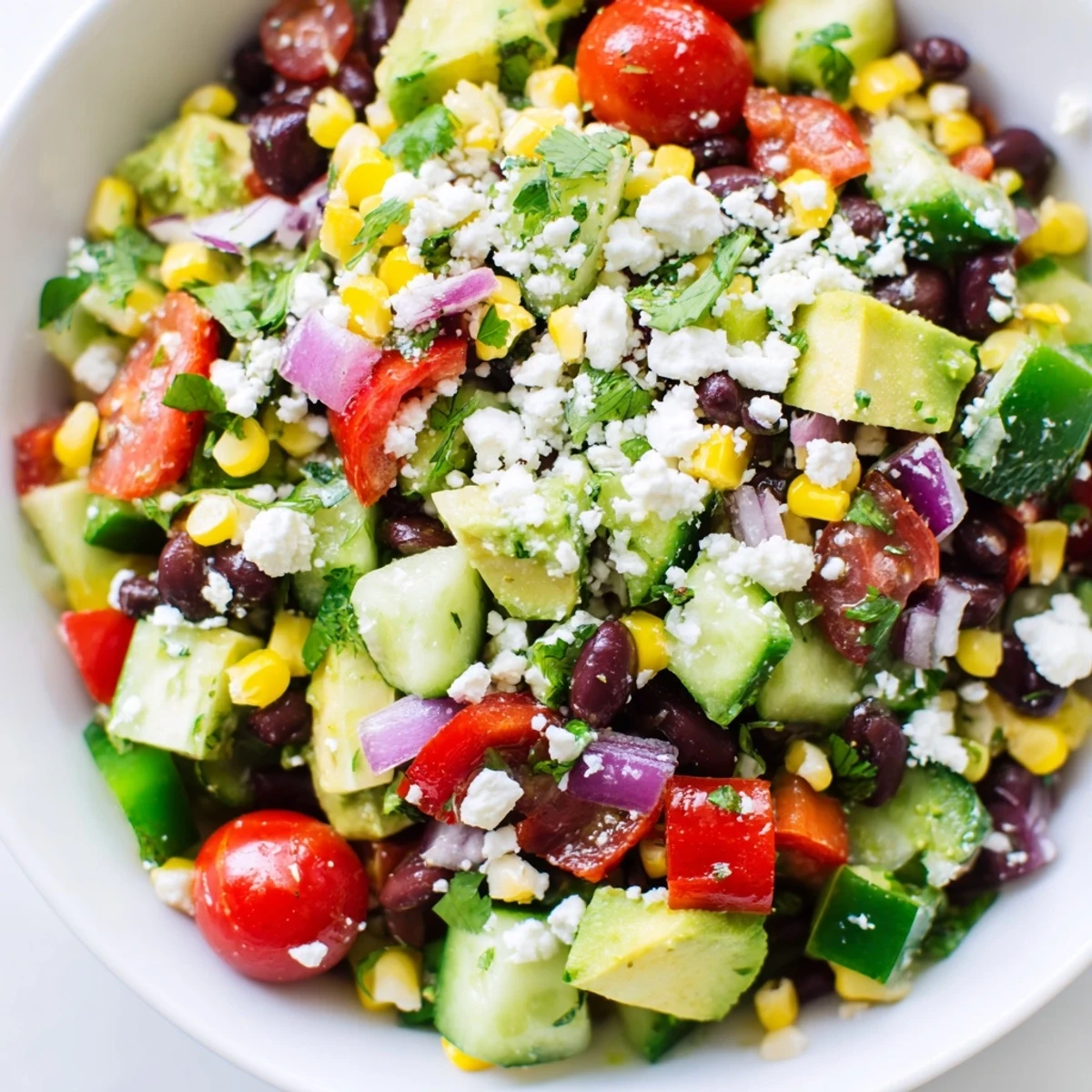 Colorful Mexican chopped salad in a rustic bowl topped with crumbled cotija cheese