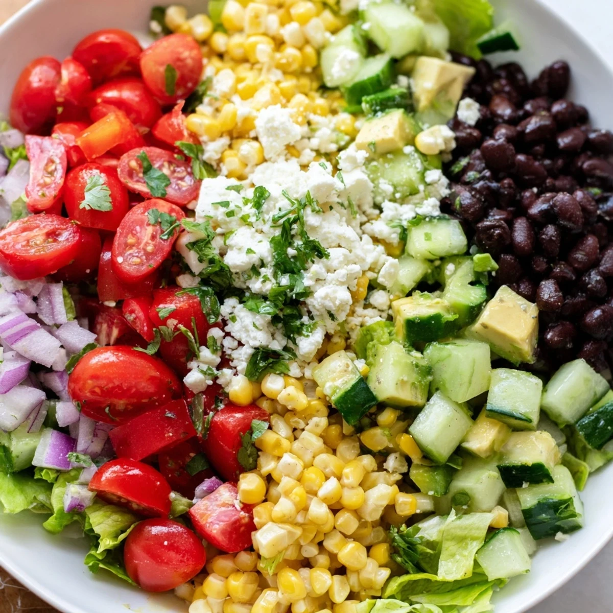 Fresh Mexican chopped salad drizzled with zesty lime cilantro dressing served on a white plate