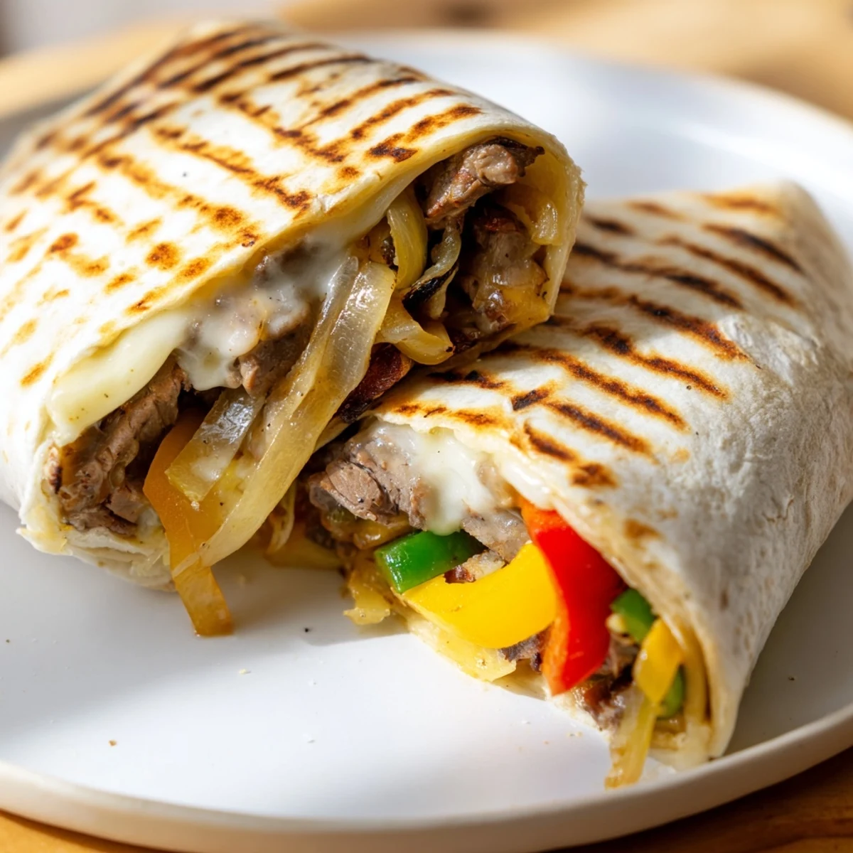 Crispy Philly Cheesesteak Grilled Wraps with golden tortilla, melted provolone, and colorful sautéed peppers