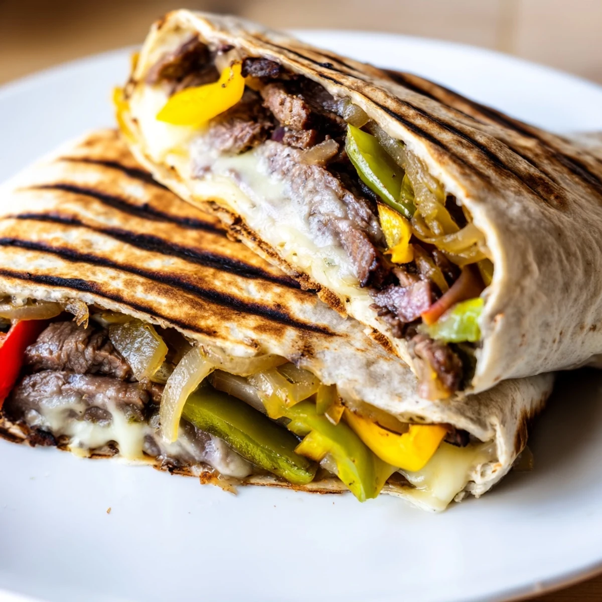 Golden brown tortilla wrapped around tender steak, melted cheese, and caramelized onions and peppers