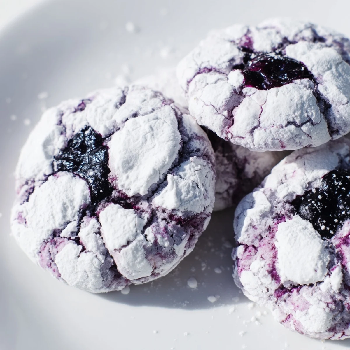 Soft blueberry crinkle cookies dusted in powdered sugar on a rustic baking sheet
