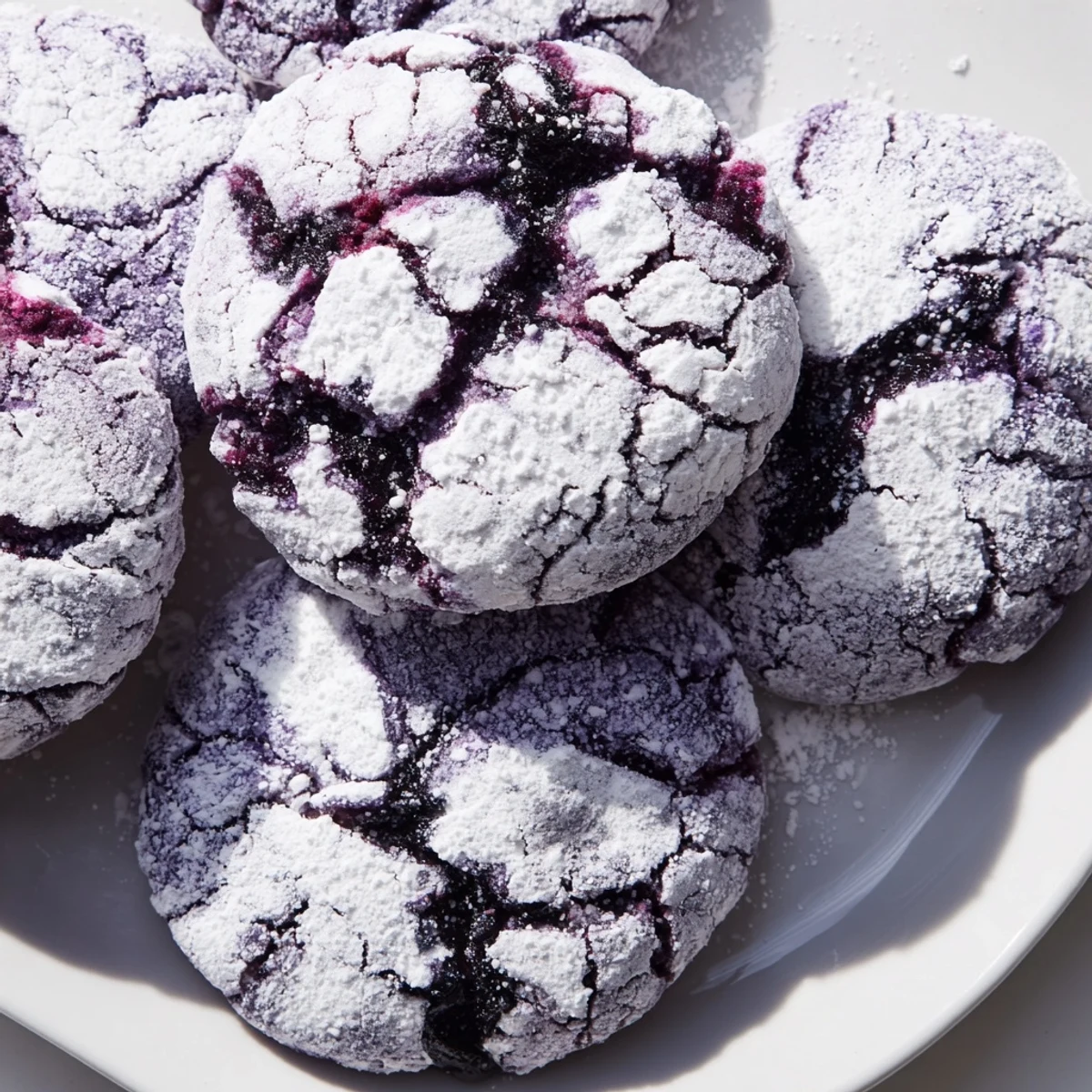 Chewy blueberry crinkle cookies with cracked sugar coating arranged on a white plate