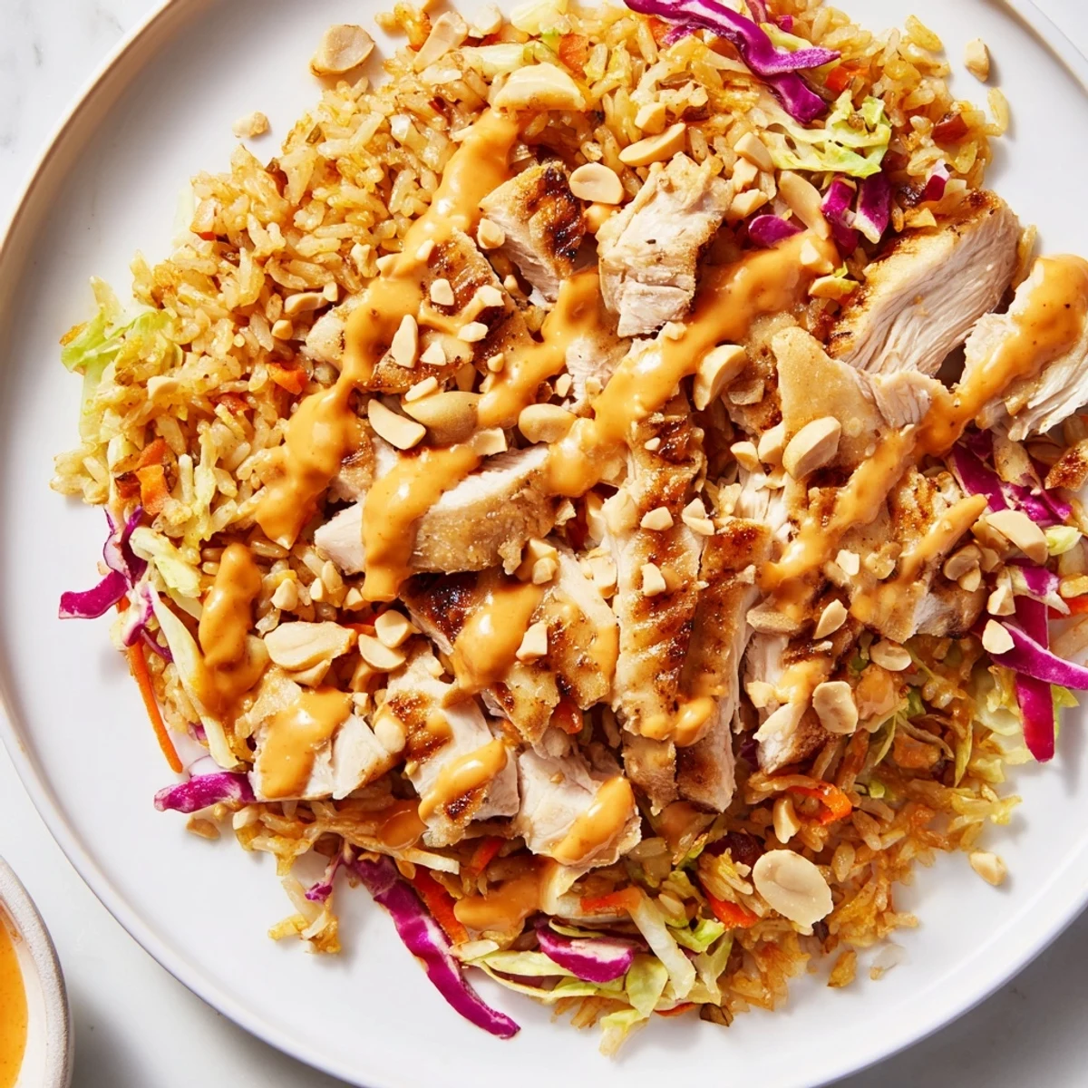 Colorful cabbage romaine and carrot salad drizzled with Bang Bang Chicken sauce generously