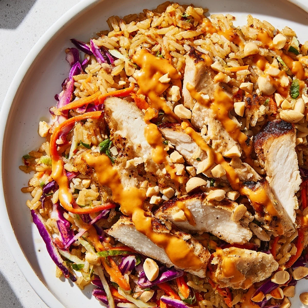 Crunchy golden rice bites scattered over Bang Bang Chicken with peanuts and sesame seeds