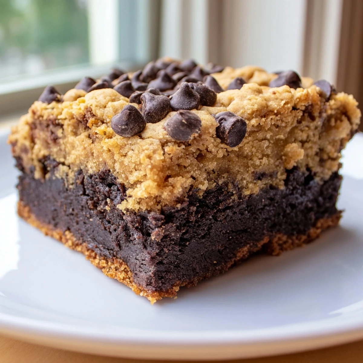 Fudgy vegan brookies with chewy cookie topping, cut into rich chocolate squares