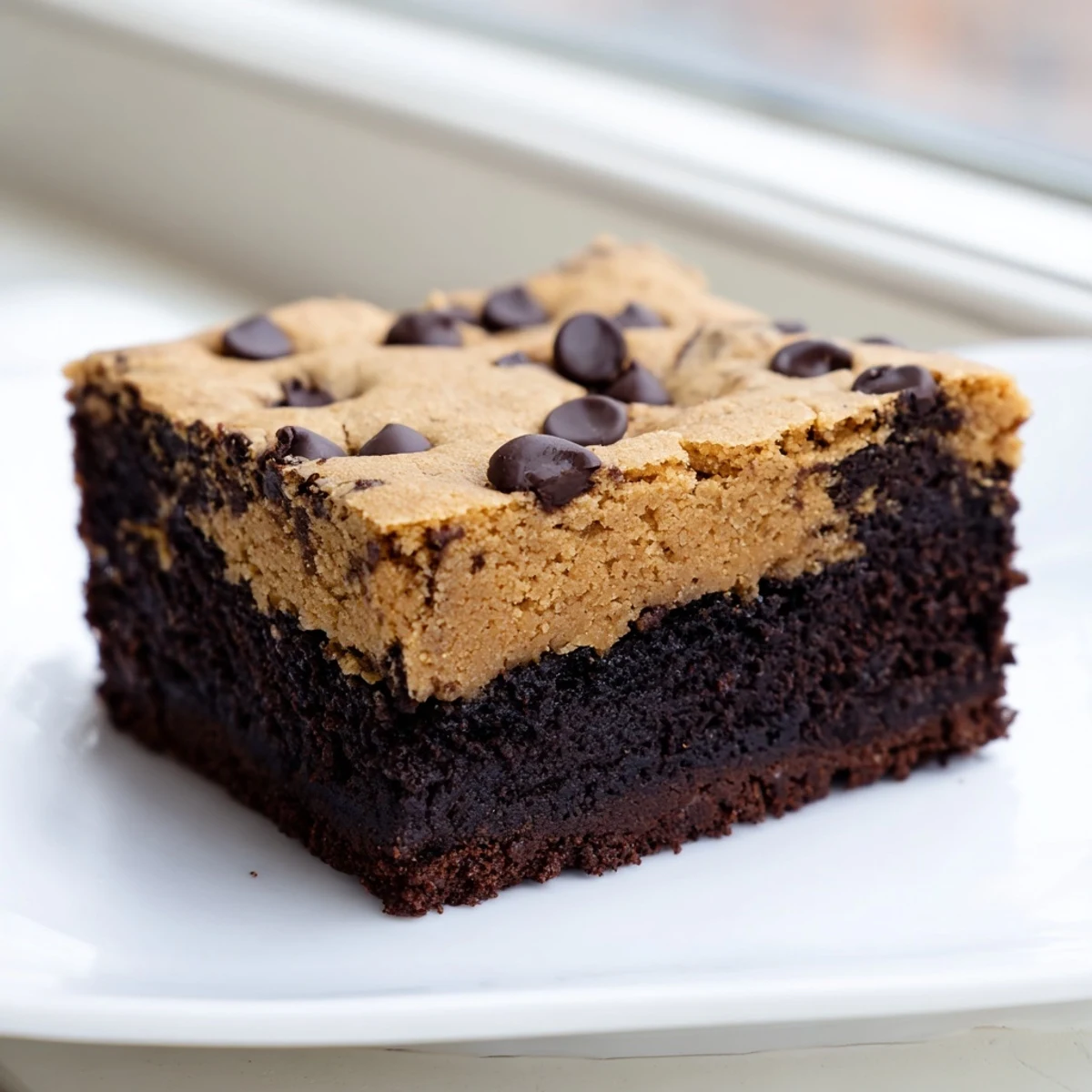 Decadent vegan brookies showcasing a brownie base topped with golden chocolate chip cookie dough