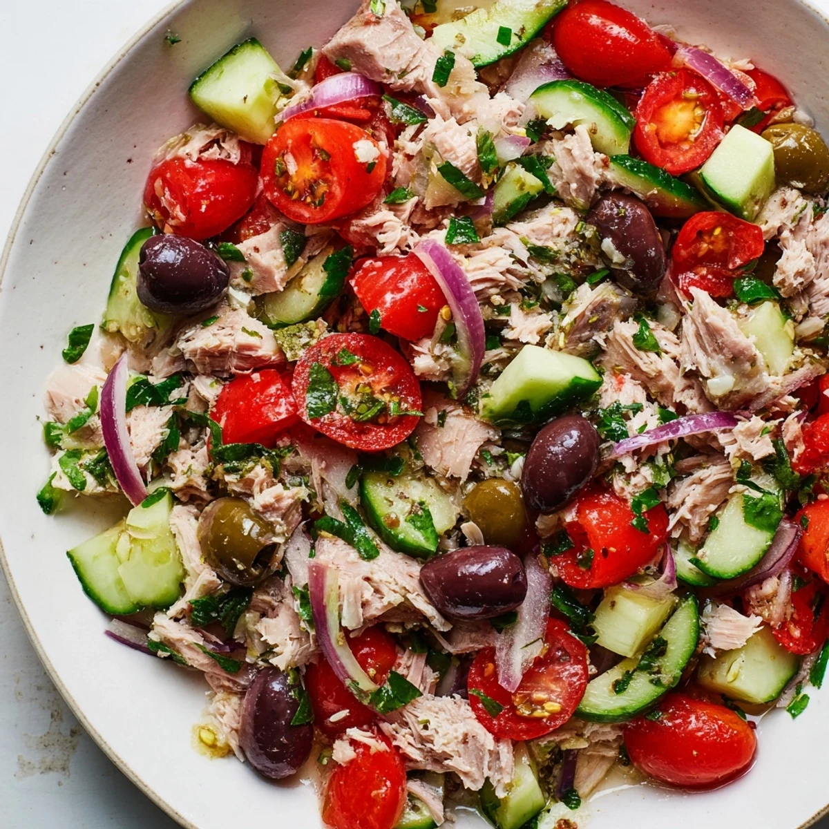 Mediterranean tuna salad glistening with bright lemon herb dressing in a rustic serving bowl