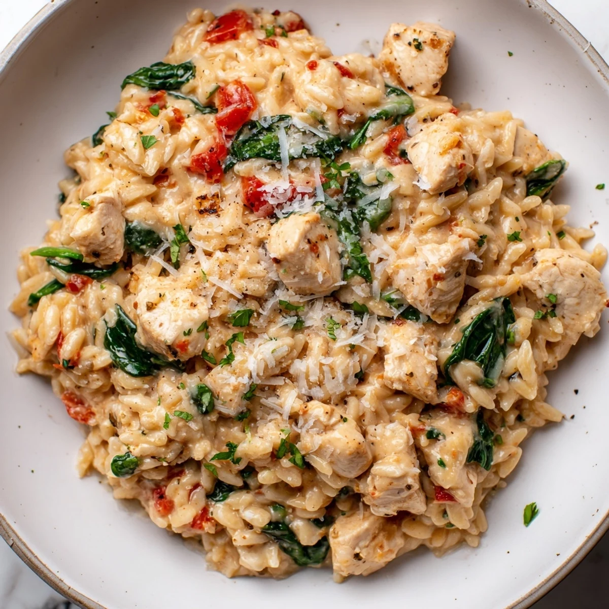 Creamy One Pot Cajun Chicken Alfredo Orzo served in a rustic skillet with fresh parsley garnish