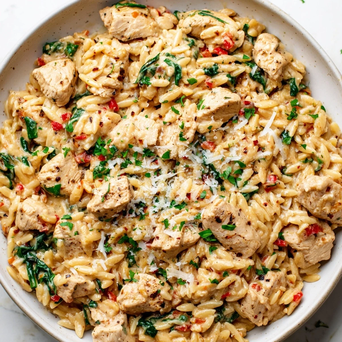 Steaming bowl of One Pot Cajun Chicken Alfredo Orzo with tender chunks of spiced chicken