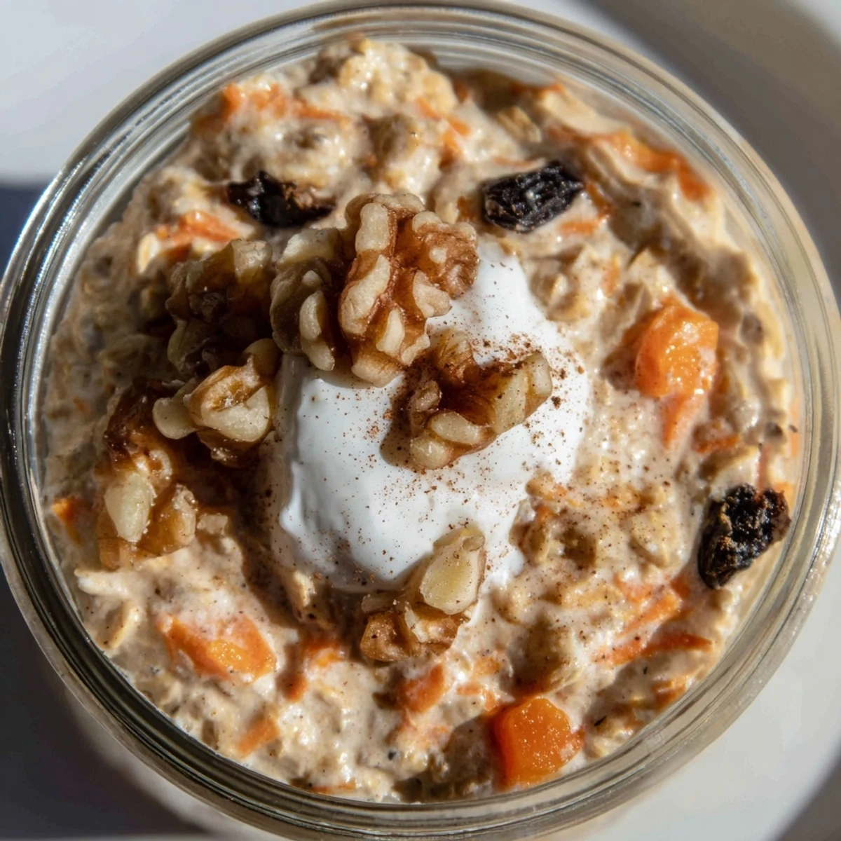 Creamy carrot cake overnight oats topped with walnuts and raisins in a glass jar