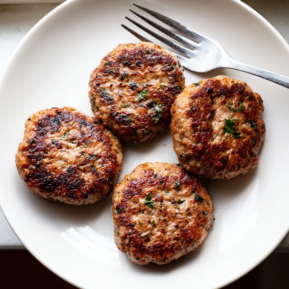 Golden brown ground turkey sausage patties sizzling in a cast iron skillet