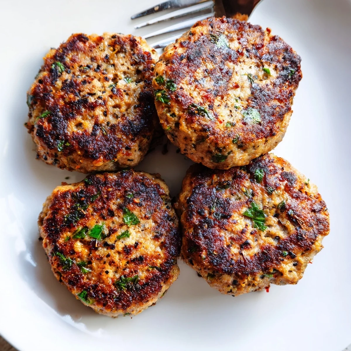 Homemade ground turkey sausage seasoned with sage and paprika on a white plate