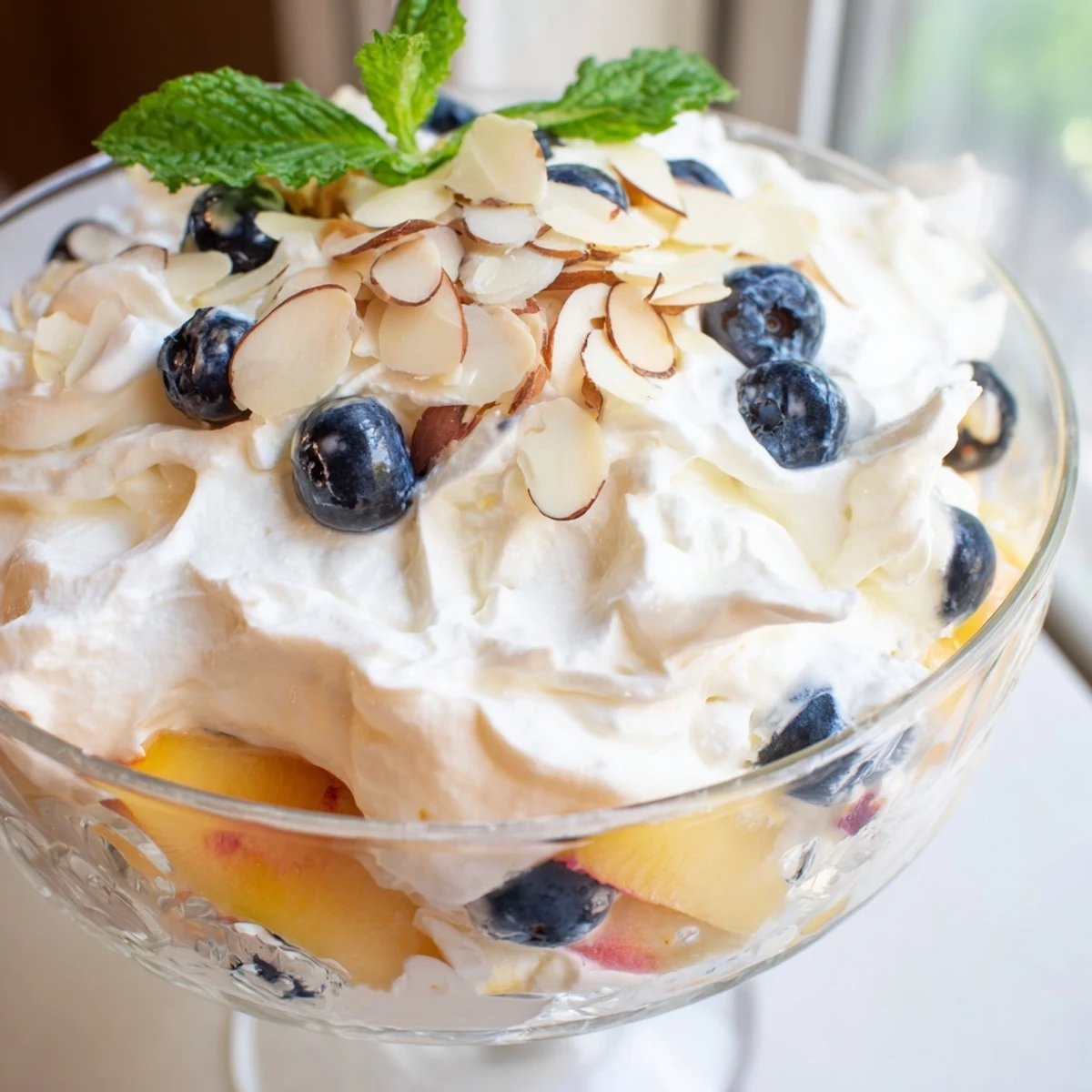 Sliced ripe peaches layered with fluffy whipped cream and garnished with almonds