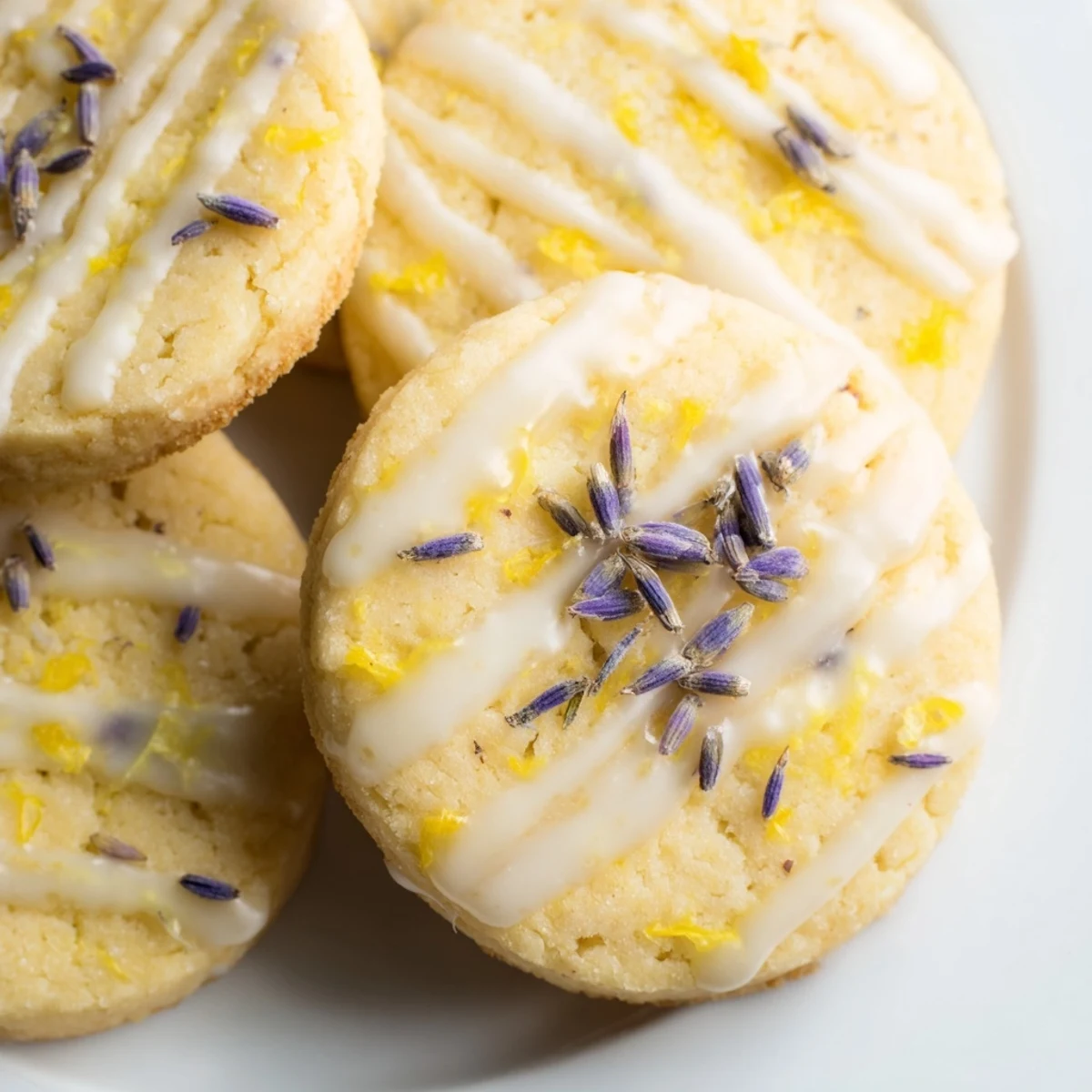Iced Lemon Lavender Shortbread Cookies drizzled with bright citrus glaze on a rustic serving plate