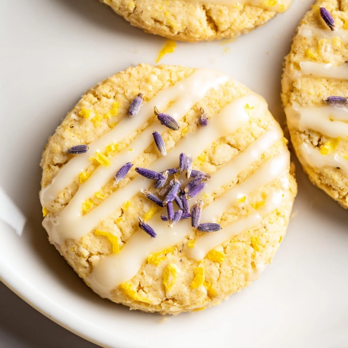 Buttery Iced Lemon Lavender Shortbread Cookies with golden edges and sweet tangy icing piled together