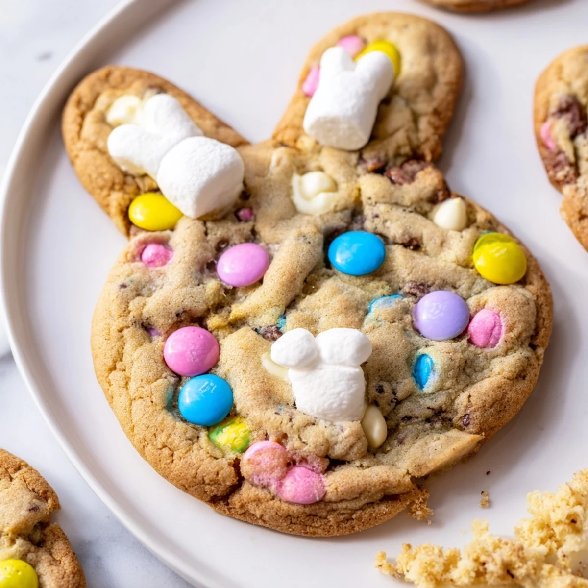 Soft chewy M&M bunny cookies with pastel candies scattered on a rustic baking sheet