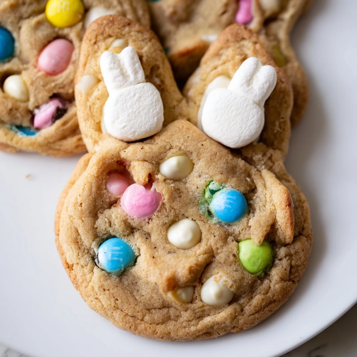 Golden M&M bunny cookies fresh from the oven with colorful Easter candy toppings