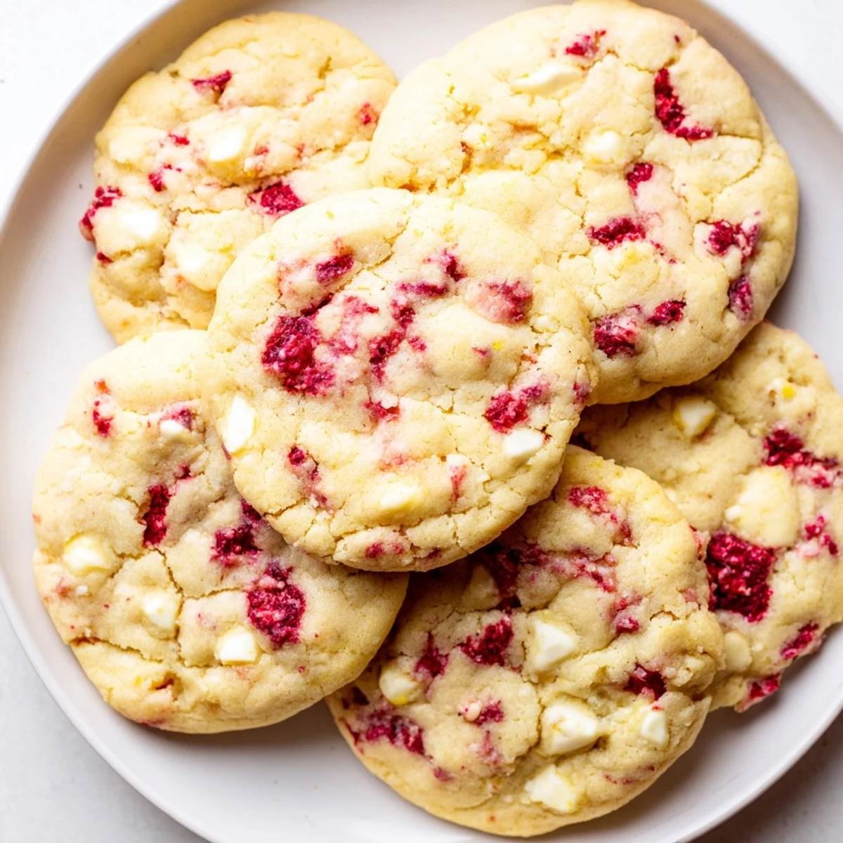 Golden Lemon Raspberry Cookies with berry bits scattered on a rustic white baking sheet