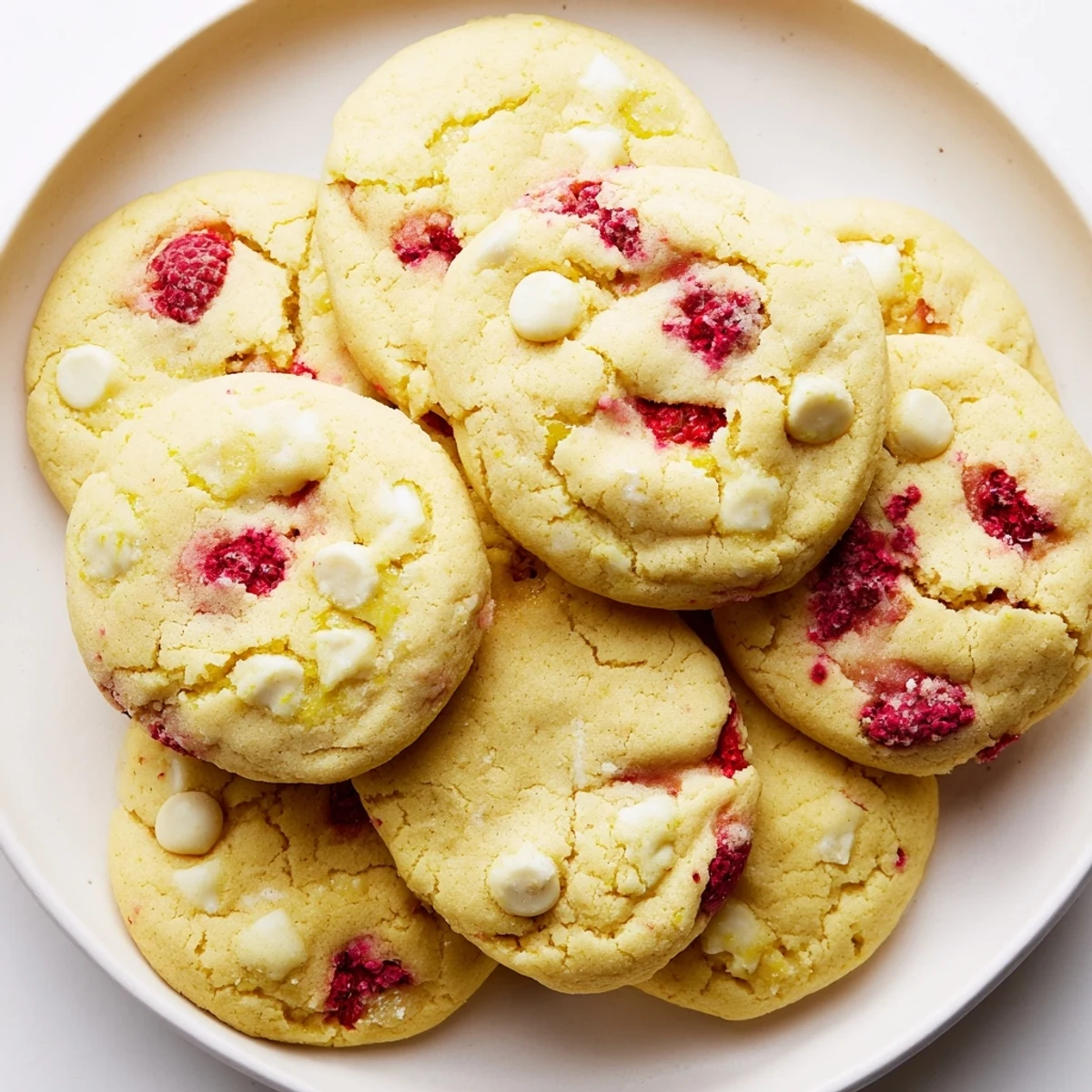 Soft chewy Lemon Raspberry Cookies fresh from the oven with golden edges
