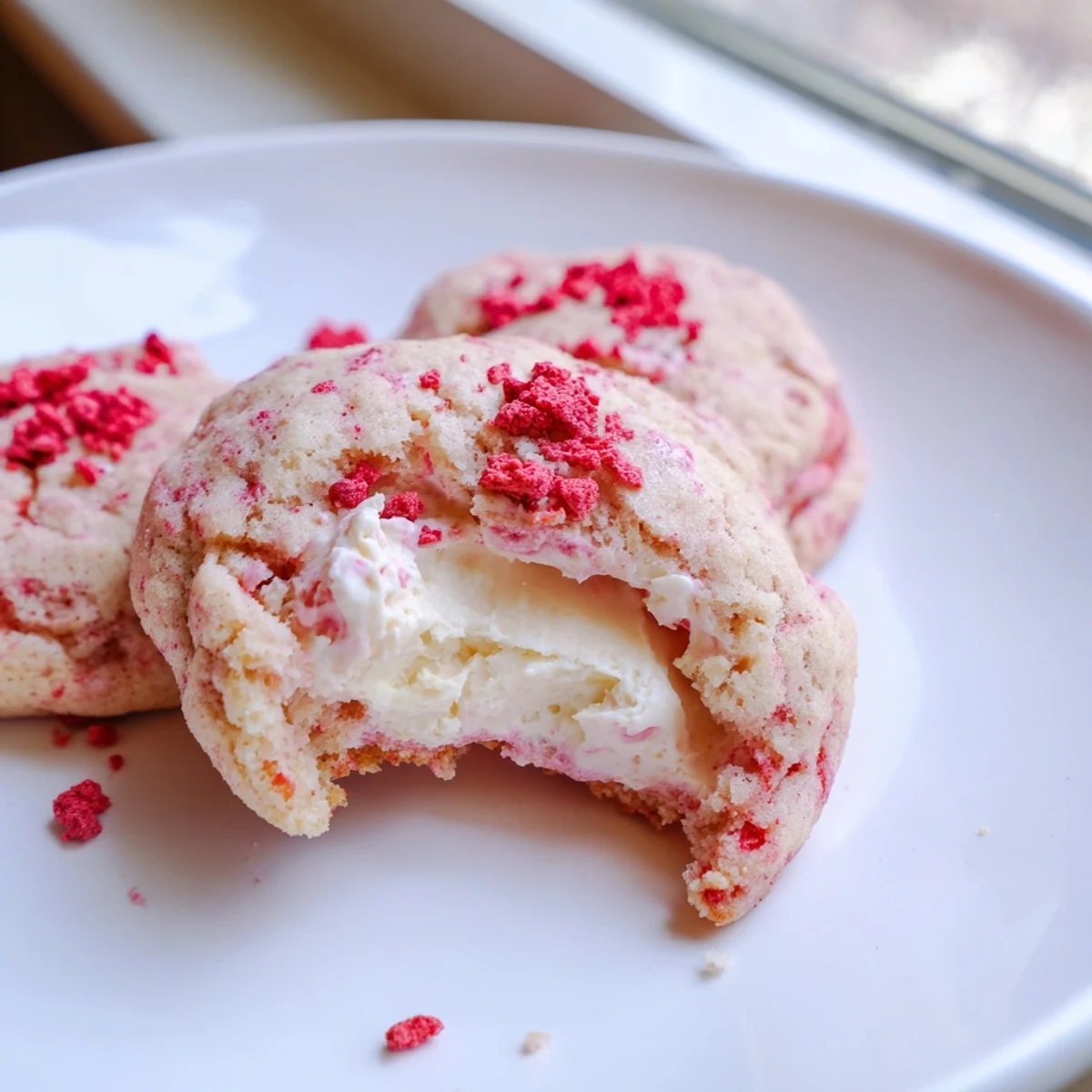 Soft strawberry cheesecake cookies with golden edges and creamy centers on a white plate